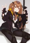  1girl absurdres arm_up artist_name bangs black_gloves black_legwear bow breasts brown_eyes brown_hair e_draw_paint eyebrows_visible_through_hair fingerless_gloves girls_frontline gloves grey_background gun h&amp;k_ump9 hair_between_eyes hair_ornament hairclip highres holding holding_gun holding_weapon jacket knee_pads long_hair long_sleeves looking_at_viewer open_mouth pantyhose ribbon scar scar_across_eye shirt simple_background sitting skirt smile strap submachine_gun suppressor teeth twintails ump9_(girls_frontline) weapon white_shirt 