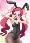  1girl animal_ears black_leotard bow bowtie breasts bunny_girl bunny_pose bunny_tail bunnysuit commentary_request covered_navel cowboy_shot detached_collar embarrassed eunos flying_sweatdrops hanasaki_tsubomi heartcatch_precure! highres leotard long_hair looking_at_viewer low_twintails open_mouth pantyhose pink_eyes pink_hair precure rabbit_ears round_teeth small_breasts solo strapless strapless_leotard sweat tail teeth twintails upper_teeth wrist_cuffs 