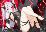  1girl :q antenna_hair arm_up ass azur_lane bare_legs black_bow black_dress black_footwear black_gloves bow breasts closed_mouth cross dated dress gloves hair_bow high_heels knees_up large_breasts lightning long_hair looking_at_viewer multicolored_hair no_mole prinz_eugen_(azur_lane) prinz_eugen_(cordial_cornflower)_(azur_lane) reclining red_eyes redhead sidelocks signature smile solo streaked_hair tongue tongue_out twitter_username unel white_hair 