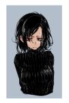  1girl black_hair breasts closed_mouth commentary_request highres kotoyama looking_at_viewer medium_hair original simple_background solo sweater 