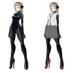  1girl black_bodysuit bodysuit breasts brown_hair closed_mouth commentary_request high_heels highres kotoyama medium_hair multiple_views simple_background skirt white_background 