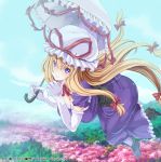  1girl blonde_hair blue_sky breasts cherry_blossoms commentary_request corset day dress floating hanging_breasts hat hat_ribbon konpaku_youmu large_breasts long_hair looking_at_viewer maki_(seventh_heaven_maxion) mob_cap mountain outdoors purple_dress ribbon ribbon_trim sky smile solo touhou touhou_cannonball umbrella very_long_hair violet_eyes yakumo_yukari 