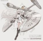  1girl alternate_costume azur_lane bare_shoulders beret black_headwear boots breasts detached_sleeves dishwasher1910 dress english_commentary enterprise_(azur_lane) full_body grey_background hat large_breasts long_hair phaser solo space_craft star_trek underbust uss_enterprise_ncc-1701 violet_eyes white_dress white_hair 