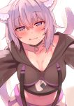  1girl :p absurdres all_fours animal_ear_fluff animal_ears bangs black_hoodie blush breasts cat_ears cat_girl cat_tail closed_mouth collar collarbone fang hair_between_eyes highres hololive hood hood_down hoodie large_breasts long_sleeves midriff navel nekomata_okayu pants purple_hair short_hair simple_background solo stomach tail tonari_no_kai_keruberosu tongue tongue_out violet_eyes virtual_youtuber white_pants 