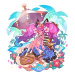  1girl bird blue_hair cleo_(dragalia_lost) coconut coconut_tree dragalia_lost drink flower full_body gradient_hair hair_ornament long_hair looking_at_viewer multicolored_hair non-web_source ocean official_art open_clothes open_skirt palm_tree petals pink_hair pout purple_hair saitou_naoki sandals sandals_removed skirt swimsuit tree twintails violet_eyes 
