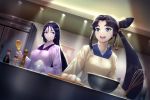  2girls bangs beppu_mitsunaka black_hair breasts cooking fate/grand_order fate_(series) japanese_clothes kappougi large_breasts long_hair low-tied_long_hair minamoto_no_raikou_(fate/grand_order) multiple_girls parted_bangs purple_hair rice_spoon side_ponytail traditional_clothes ushiwakamaru_(fate/grand_order) very_long_hair violet_eyes 