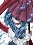  1girl :p blue_eyes blue_hair blue_vest fall_dommmmmer holding holding_umbrella karakasa_obake long_sleeves short_hair tatara_kogasa tongue tongue_out touhou umbrella upper_body vest water_drop 