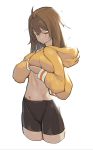  1girl ahoge bike_shorts breast_conscious breast_lift brown_hair commentary_request guilty_gear guilty_gear_2020 hair_intakes highres hood hood_down hoodie lifted_by_self may_(guilty_gear) medium_hair navel orange_eyes orange_hoodie solo zaki_(narashigeo) 
