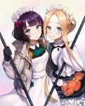  2girls abigail_williams_(fate/grand_order) apron artist_request bangs black_gloves black_skirt blonde_hair blue_eyes blunt_bangs blush braid breasts closed_mouth dress fate/grand_order fate_(series) forehead french_braid gloves grey_jacket hair_bun hair_ornament hairpin heroic_spirit_festival_outfit highres jacket katsushika_hokusai_(fate/grand_order) keyhole long_hair long_sleeves looking_at_viewer maid_headdress medium_breasts mop multiple_girls open_clothes open_jacket parted_bangs purple_hair sash short_hair skirt small_breasts smile sparkle stuffed_animal stuffed_toy teddy_bear violet_eyes white_dress 