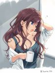  1girl blue_eyes brown_hair collarbone cup dress_shirt earrings eyebrows_visible_through_hair grey_shirt hand_on_head holding holding_cup ichinose_shiki idolmaster idolmaster_cinderella_girls jewelry long_hair off_shoulder one_eye_closed open_clothes open_mouth open_shirt shiny shiny_hair shirt sleeveless sleeveless_shirt solo tarachine tears twitter_username upper_body very_long_hair white_shirt 