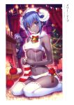  absurdres artist_request black_cloak blue_eyes blue_hair center_opening character_request christmas christmas_tree cloak dark_skin fate/grand_order fate/prototype fate/prototype:_fragments_of_blue_and_silver fate_(series) hassan_of_serenity_(fate) highres horn leggings purple_hair 