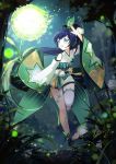  1girl artist_name black_hair blue_eyes bow breasts detached_sleeves flower grass hair_bow hand_up highres japanese_clothes long_hair night onmyoji open_mouth outdoors ponytail running sash small_breasts smile solo tree vilor white_legwear wide_sleeves ying_grass 