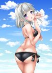  1girl ass bangs bikini black_bikini blue_eyes blue_sky blunt_bangs blush butt_crack clouds commentary_request cowboy_shot cute from_behind highres holding holding_hair kaze_makase looking_at_viewer looking_back moe open_mouth original original_character short_hair side-tie_bikini silver_hair sky solo standing swimsuit 
