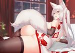  1girl animal_ear_fluff animal_ears ass bangs bare_shoulders blurry blurry_background blush breasts brown_legwear china_dress chinese_clothes commissioner_upload detached_sleeves dress eyebrows_visible_through_hair fox_ears fox_girl fox_tail from_behind hair_between_eyes hair_ribbon hayabusa highres indoors large_breasts long_hair looking_at_viewer looking_back lying night on_side open_mouth original red_ribbon ribbon sleeveless sleeveless_dress solo tail thigh-highs thighs white_dress white_hair window 