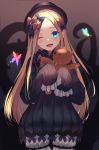  1girl ;d abigail_williams_(fate/grand_order) absurdres black_bow black_dress black_headwear blonde_hair blue_eyes blush bow dress eyebrows_visible_through_hair fate/grand_order fate_(series) hair_bow hat highres holding holding_stuffed_animal jun_(540000000000000) long_hair long_sleeves looking_at_viewer one_eye_closed open_mouth orange_bow sleeves_past_fingers sleeves_past_wrists smile solo stuffed_animal stuffed_toy teddy_bear 