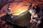  2girls animal_ears autumn_leaves bird black_hair black_legwear blurry blush breasts clouds commentary_request crow depth_of_field detached_sleeves diffraction_spikes expressionless fall_(5754478) geta hair_between_eyes hat hauchiwa highres holding holding_sword holding_weapon in_tree inubashiri_momiji katana kourindou_tengu_costume leaf looking_at_viewer maple_leaf medium_breasts mountain multiple_girls outdoors pom_pom_(clothes) red_eyes red_headwear red_sky shameimaru_aya sheath sheathed short_hair sitting sky smile squatting sunset sword tail tengu-geta thigh-highs tokin_hat touhou tree tree_branch weapon white_hair wolf_ears wolf_tail 