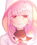  1girl bangs blunt_bangs blurry blurry_background blurry_foreground blush cloak close-up crying crying_with_eyes_open depth_of_field dot_nose eyebrows_visible_through_hair face happy hood hood_up hooded_cloak looking_at_viewer magia_record:_mahou_shoujo_madoka_magica_gaiden mahou_shoujo_madoka_magica paru_rari pink_eyes pink_hair pink_theme simple_background smile solo tamaki_iroha tears turtleneck upper_body white_background 