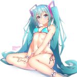  1girl ankle_scrunchie aqua_bikini aqua_hair arm_tattoo artist_name bangs bare_arms bare_legs bare_shoulders bikini blue_eyes blush breasts closed_mouth collarbone commentary eyebrows_visible_through_hair feet_out_of_frame halkawa501 hatsune_miku highres long_hair looking_at_viewer navel number_tattoo scrunchie simple_background sitting small_breasts swimsuit tattoo twintails under_boob very_long_hair vocaloid white_background wrist_scrunchie yellow_eyes yokozuwari 