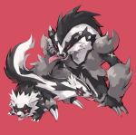 black_eyes claws fang galar_form galarian_linoone galarian_zigzagoon gen_3_pokemon gen_8_pokemon linoone no_humans obstagoon pokemon red_background red_sclera simple_background smile takase_(takase1214) tongue tongue_out zigzagoon 