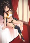  1girl asymmetrical_legwear asymmetrical_sleeves bangs bed black_hair breasts bridal_gauntlets detached_sleeves earrings elbow_gloves fate/grand_order fate_(series) gloves highres hoop_earrings indoors ishtar_(fate/grand_order) jewelry kaname_(melaninusa09) long_hair midriff navel neck_ring on_bed parted_bangs red_eyes single_detached_sleeve single_elbow_glove single_sleeve single_thighhigh sitting small_breasts solo thigh-highs tiara toeless_legwear two_side_up 