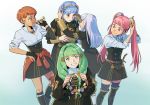  5girls belt black_gloves blue_hair blue_legwear boots bow braid closed_mouth crown_braid epaulettes fire_emblem fire_emblem:_three_houses flayn_(fire_emblem) flower garreg_mach_monastery_uniform gloves green_eyes green_hair grin hair_flower hair_ornament hilda_valentine_goneril knee_boots leonie_pinelli long_hair long_sleeves lysithea_von_ordelia marianne_von_edmund multiple_girls orange_eyes orange_hair parted_lips pink_eyes pink_hair short_hair short_sleeves simple_background smile thigh-highs twintails uniform viivus white_hair zettai_ryouiki 