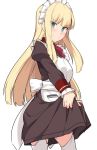  1girl alternate_costume apron black_dress blonde_hair breasts dress eyebrows_visible_through_hair eyes_visible_through_hair fate_(series) green_eyes long_hair long_sleeves looking_at_viewer lord_el-melloi_ii_case_files maid maid_apron maid_headdress puffy_sleeves reines_el-melloi_archisorte shiseki_hirame simple_background small_breasts smile solo thigh-highs white_apron white_background white_legwear 
