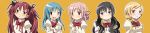  5girls :o akemi_homura alternate_hair_length alternate_hairstyle arms_at_sides bangs black_hair black_ribbon blonde_hair blue_eyes blue_hair blush braid breasts close-up commentary_request curly_hair expressionless eyebrows_visible_through_hair fingernails fingers_together flat_chest flower frown hair_flower hair_ornament hair_over_shoulder hair_ribbon hair_scrunchie hairclip hand_in_hair hand_on_own_chest happy head_tilt highres kaname_madoka long_hair long_image looking_at_viewer looking_away low_ponytail mahou_shoujo_madoka_magica medium_breasts mesushirindaa miki_sayaka mitakihara_school_uniform multiple_girls neck_ribbon nervous orange_background parted_lips pink_eyes pink_hair puffy_short_sleeves puffy_sleeves red_eyes red_ribbon red_scrunchie redhead ribbon sakura_kyouko school_uniform scrunchie shaded_face short_sleeves side-by-side side_braid simple_background single_braid small_breasts smile sweatdrop tomoe_mami two_side_up uniform upper_body violet_eyes wide_image yellow_eyes 