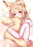  1girl animal_ear_fluff animal_ears bare_legs blonde_hair blush covering_mouth fox_ears fox_girl fox_tail highres hood hood_down hoodie long_hair long_sleeves looking_at_viewer original pink_hoodie red_eyes sakura_ani solo star tail tail_hug 