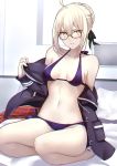  1girl artoria_pendragon_(all) bare_shoulders bikini black_bikini black_jacket black_ribbon blonde_hair breasts collarbone commentary_request fate/grand_order fate_(series) glasses hair_ribbon highres jacket long_hair medium_breasts mysterious_heroine_x_(alter) navel off-shoulder_jacket on_bed ribbon shiguru sitting skirt skirt_removed solo swimsuit yellow_eyes 