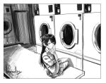  1girl breasts closed_mouth highres kotoyama laundromat long_hair looking_at_viewer monochrome nijisanji school_uniform smile solo tsukino_mito washing_machine 
