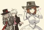  1girl 2boys :d artist_request charles_henri_sanson_(fate/grand_order) charlotte_corday_(fate/grand_order) edmond_dantes_(fate/grand_order) fate/grand_order fate_(series) hat multiple_boys open_mouth smile white_hair 