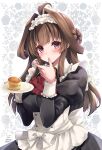  1girl absurdres alternate_costume apron ascot black_dress breasts brown_hair commentary_request double_bun doughnut_hair_bun dress enmaided floral_background hair_bun highres holding holding_plate kantai_collection kongou_(kancolle) large_breasts licking licking_finger long_hair maid maid_apron maid_headdress mashiro_yukiya plate puffy_sleeves red_ascot solo violet_eyes whipped_cream white_apron 