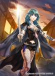  1girl black_cape black_footwear black_shorts blue_eyes blue_hair boots breasts byleth_(fire_emblem) byleth_eisner_(female) byleth_eisner_(female) cape closed_mouth clouds female_my_unit_(fire_emblem:_three_houses) fire_emblem fire_emblem:_three_houses fire_emblem:_three_houses fire_emblem_16 girl holding holding_sword holding_weapon intelligent_systems kita_senri legwear_under_shorts long_hair looking_at_viewer medium_breasts midriff my_unit_(fire_emblem:_three_houses) navel night nintendo official_art outdoors pantyhose print_legwear shiny shiny_hair short_shorts shorts sky smile solo standing star_(sky) starry_sky stomach sword waist_cape weapon 