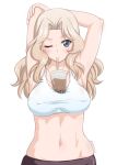  1girl armpits arms_behind_head arms_up bike_shorts black_shorts blonde_hair blue_eyes blush breasts commentary_request covered_nipples eyebrows_visible_through_hair girls_und_panzer hair_intakes kay_(girls_und_panzer) large_breasts long_hair looking_at_viewer one_eye_closed shorts simple_background skindentation solo standing stretch twitter_username upper_body white_background white_sports_bra yts_takana 