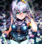  1girl aqua_eyes belt_buckle bracelet buckle closed_mouth commentary field flower flower_field gbsartworks hair_ornament hairband highres jewelry long_hair necklace original pants purple_flower purple_hair shirt sitting sleeveless sleeveless_shirt smile white_flower 