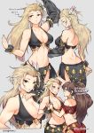 2girls arms_up ass black_dress blonde_hair breasts brown_hair chain dancer dress expressionless feathers gebyy-terar gold_bracelet gold_chain green_eyes h&#039;aanit_(octopath_traveler) hair_pulled_back highres holding_hands large_breasts lips multiple_girls multiple_views navel no_bangs octopath_traveler ponytail primrose_azelhart red_dress to_be_continued wristband yuri 