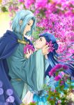  1boy 1girl artist_name blue_cape blue_dress blue_hair blurry_foreground braid cape dress eye_contact ferdinand_(honzuki_no_gekokujou) flower hair_bun hetero honzuki_no_gekokujou jewelry light_blue_hair long_hair looking_at_another maine_(honzuki_no_gekokujou) outdoors ring standing wide_sleeves yellow_eyes yuuko24 