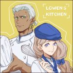  1boy 1girl alternate_costume blonde_hair blue_bow blue_headwear bow chef_hat chef_uniform closed_mouth dark_skin dark_skinned_male dedue_molinaro earrings fire_emblem fire_emblem:_three_houses green_eyes hair_bow hat holding jewelry long_hair low_ponytail mercedes_von_martritz sanjou_(askxx1023) short_hair simple_background smile upper_body whisk white_hair yellow_background 
