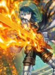 1girl armored_boots black_pants blue_eyes blue_hair boots breasts brown_footwear brown_gloves byleth_(fire_emblem) byleth_eisner_(female) closed_mouth dutch_angle fire_emblem fire_emblem:_three_houses fire_emblem_cipher floating_hair gloves holding holding_sword holding_weapon indoors kita_senri long_hair looking_at_viewer medium_breasts official_art pants solo standing sword thigh-highs thigh_boots weapon 