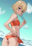  1girl :t ass bangs bikini blonde_hair blue_eyes blurry blurry_background breasts butt_crack closed_mouth clouds cloudy_sky commentary cowboy_shot day depth_of_field dutch_angle eating eyebrows_visible_through_hair food food_on_head from_behind girls_und_panzer green_sky hand_on_hip highres holding holding_food katyusha looking_at_viewer looking_back object_on_head ocean outdoors popsicle red_bikini short_hair side-tie_bikini skindentation sky small_breasts solo standing strapless strapless_bikini swimsuit wedgie yamano_rita 