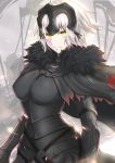  1girl absurdres armor black_armor black_cape breasts cape commentary_request eyebrows_visible_through_hair fate/grand_order fate_(series) frown fur_trim gauntlets grey_hair headpiece highres huidare jeanne_d&#039;arc_(alter)_(fate) jeanne_d&#039;arc_(fate)_(all) large_breasts looking_at_viewer pale_skin short_hair solo_focus yellow_eyes 