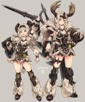  2girls absurdres arm_up armlet armor armpits banbaro_(armor) belt blue_eyes braid charge_blade eyebrows_visible_through_hair fingerless_gloves full_body fur_trim gloves greaves grey_background hand_on_hip highres holding holding_weapon horned_headwear kneehighs kunai looking_at_viewer monster_hunter monster_hunter:_world multiple_girls open_mouth shield sigm@ silver_hair standing strap sword thigh_strap twin_braids weapon weapon_on_back 
