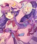  1girl :d arm_up bangs blue_bow blue_ribbon blush bow bowtie commentary_request crystal dress eyebrows_visible_through_hair grey_background hair_bow hat hat_ribbon kyouda_suzuka long_hair long_sleeves looking_at_viewer mob_cap nail_polish open_mouth patchouli_knowledge pointing purple_dress purple_hair purple_headwear purple_nails red_bow red_neckwear red_ribbon red_sash ribbon sash sidelocks smile solo touhou upper_body violet_eyes 