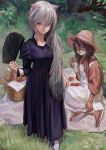  2girls :3 animal_ears basket black_dress blue_eyes boots bread breasts brown_hair cat_ears dress fan fkey food grey_hair hair_between_eyes highres long_hair looking_at_viewer multiple_girls original red_eyes very_long_hair whiskers 