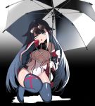  1girl absurdres alternate_costume azur_lane bangs bare_shoulders black_footwear black_hair black_nails blue_eyes boots covered_navel deutschland_(azur_lane) eyewear_on_head finger_to_mouth highres holding holding_umbrella ioa2324 jacket leotard looking_at_viewer mole multicolored_hair nail_polish off_shoulder racequeen sidelocks solo squatting streaked_hair sunglasses thigh-highs thigh_boots tongue tongue_out umbrella zipper 