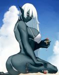  1girl animal ass bikini black_skin blue_sky breasts clouds cloudy_sky crab dark_elf dripping elf eyebrows_visible_through_hair food hair_between_eyes highres holding holding_food ice_cream kaoruko(unkrk55) large_breasts long_hair melting original outdoors parted_lips pointy_ears red_eyes red_nails sand sitting sky smile solo sweat swimsuit white_bikini white_bikini_bottom white_bikini_top white_hair 
