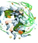  1boy alternate_costume arrow biscuit blue_eyes boots bow_(weapon) cake candy cape fire fire_emblem fire_emblem:_path_of_radiance fire_emblem_heroes food full_body ghost_costume gloves green_hair halloween halloween_costume highres mikurou_(nayuta) official_art pumpkin rolf_(fire_emblem) solo transparent_background weapon 