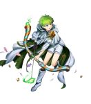  1boy alternate_costume arrow biscuit blue_eyes boots bow_(weapon) cake candy cape fire fire_emblem fire_emblem:_path_of_radiance fire_emblem_heroes food full_body ghost_costume green_hair halloween halloween_costume highres mikurou_(nayuta) official_art open_mouth pumpkin rolf_(fire_emblem) solo teeth torn_clothes transparent_background weapon 