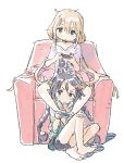  2girls :/ armchair bandaid bandaid_on_knee bangs barefoot bike_shorts blonde_hair blue_hair braid brown_eyes chair closed_mouth clothes_writing dot_nose drawstring futaba_anzu game_console grey_hoodie hair_between_eyes hair_ornament hair_tie hairclip handheld_game_console hands_up head_tilt holding holding_handheld_game_console hood hood_down hoodie idolmaster idolmaster_cinderella_girls knees_up leg_lock looking_at_another looking_at_viewer low_twintails matsuo_yuusuke miyoshi_sana multiple_girls shirt short_sleeves shorts simple_background sitting stuffed_animal stuffed_bunny stuffed_toy t-shirt tareme twin_braids twintails v-shaped_eyebrows wavy_mouth white_background white_shirt you_work_you_lose 