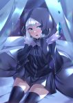  1girl absurdres bangs black_capelet black_cloak black_fire_(peter02713) black_gloves black_legwear black_shirt blue_eyes blush breasts capelet cloak fate_(series) fur-trimmed_cloak fur_trim gloves gray_(lord_el-melloi_ii) grey_hair grey_skirt hair_between_eyes highres hood hood_up hooded_cloak long_hair long_sleeves looking_at_viewer lord_el-melloi_ii_case_files open_mouth shirt sitting skirt solo thighs 